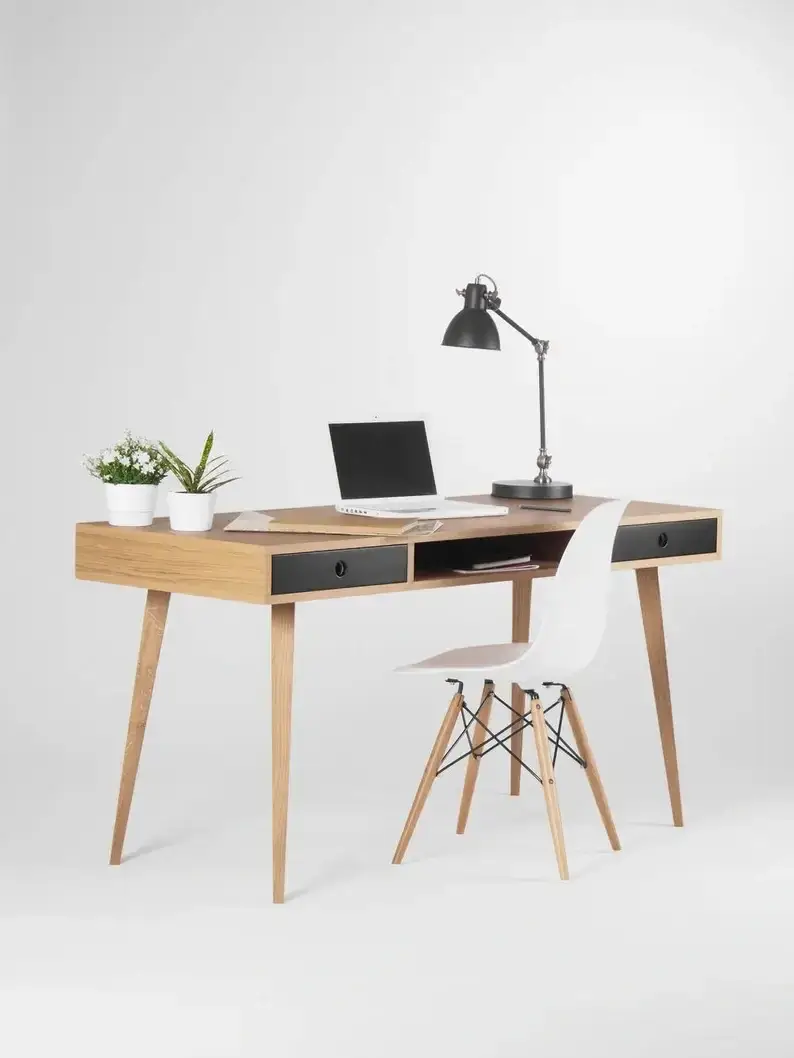 Large modern oak desk, computer table, bureau with black drawers, oak wood, mid century modern, customized size and finish;Send 1 stool(pictured)