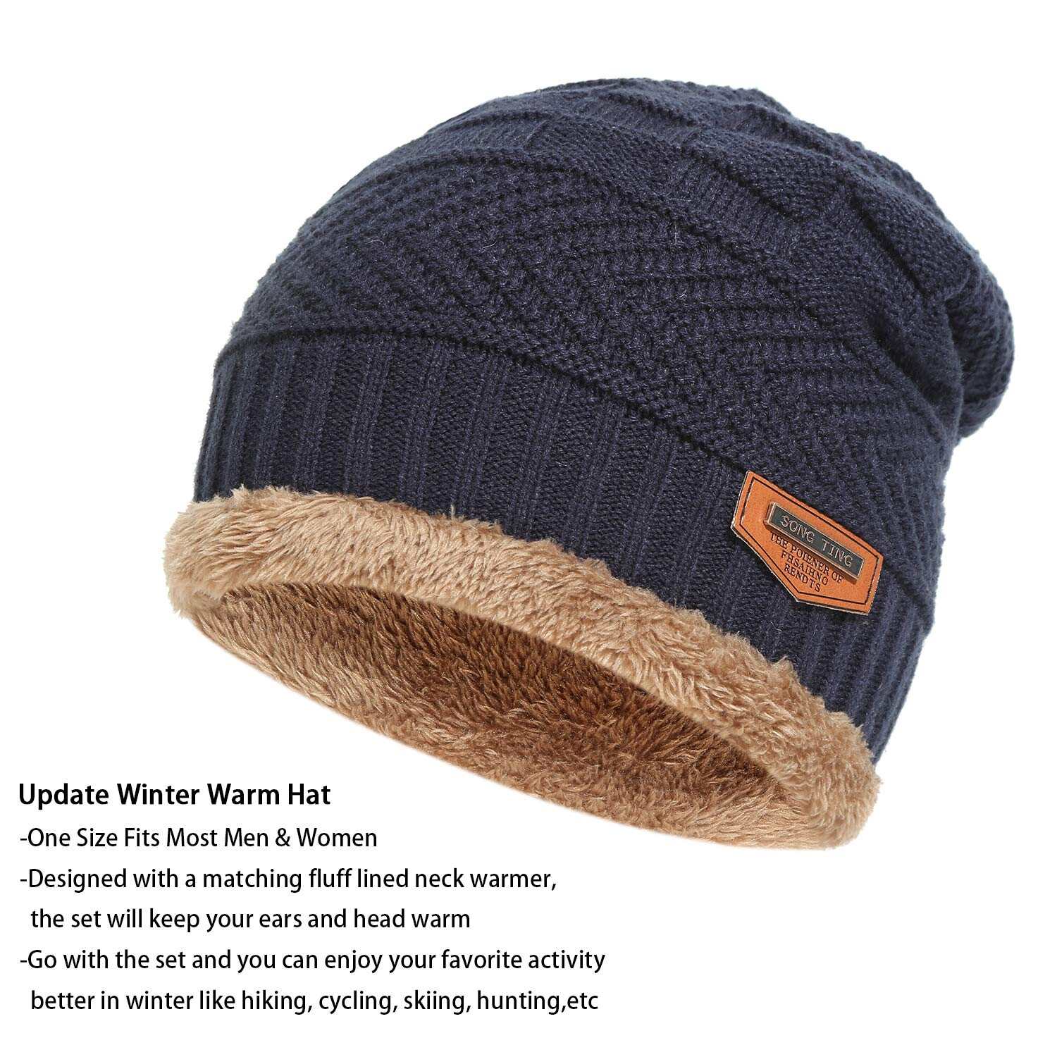 Mens Womens Winter Beanie Hat Scarf Set Warm Knit Hat Thick Fleece Lined Winter Cap