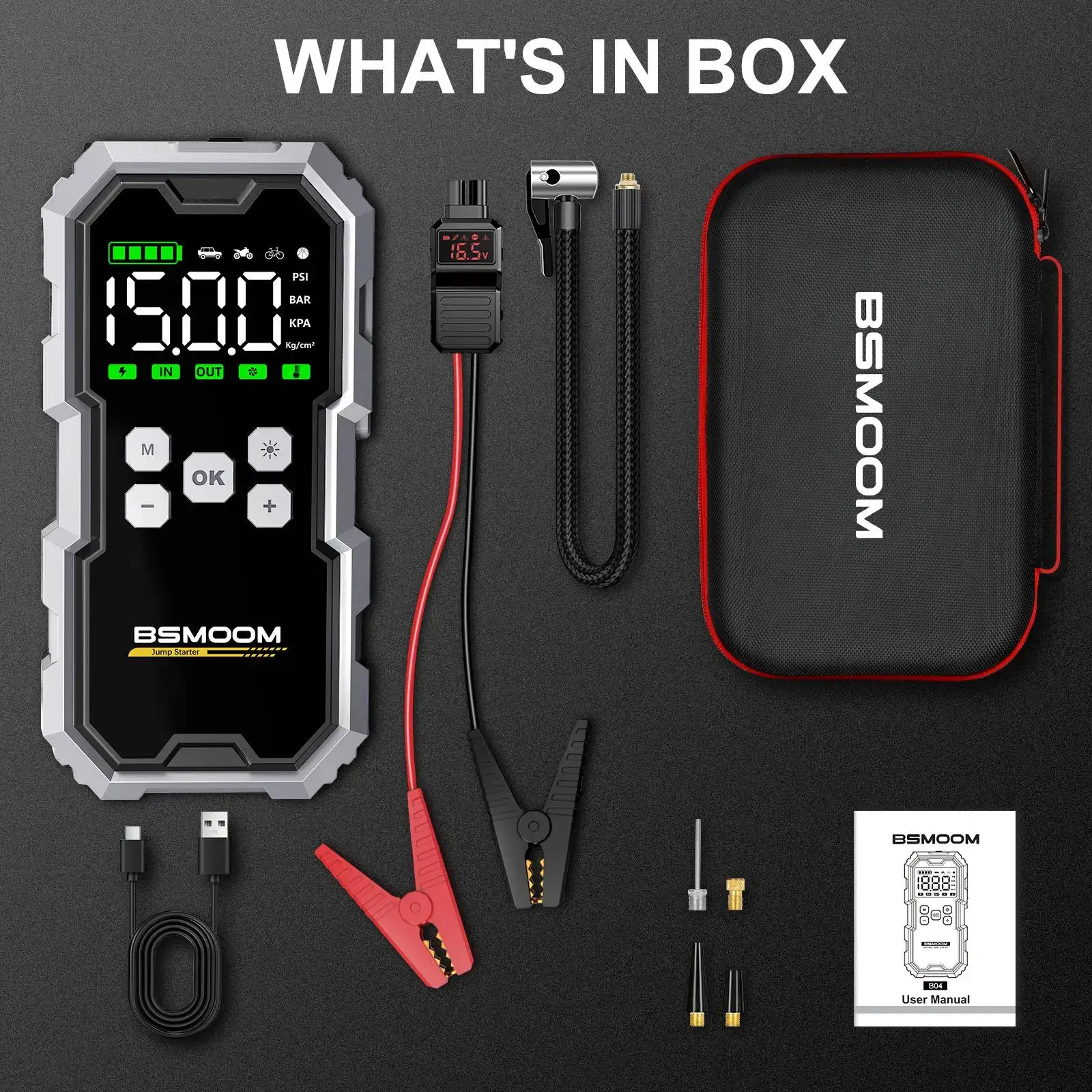 16800mAh  [5-in-1] Portable Car Jump Starter with Air Compressor(All Gas/10.0L Diesel),With Tireinflator, 12V AutoBoost BatteryCharger Jumper Box, Rapid Charger with LEDScreen Vehicle Automotive