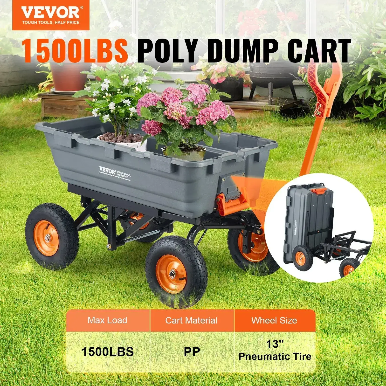 Polyethylene Garden Dump Cart – Features an easy-to-assemble steel frame, a 2-in-1 convertible handle, and 13-inch tires; 1,500 lb maximum load capacity.