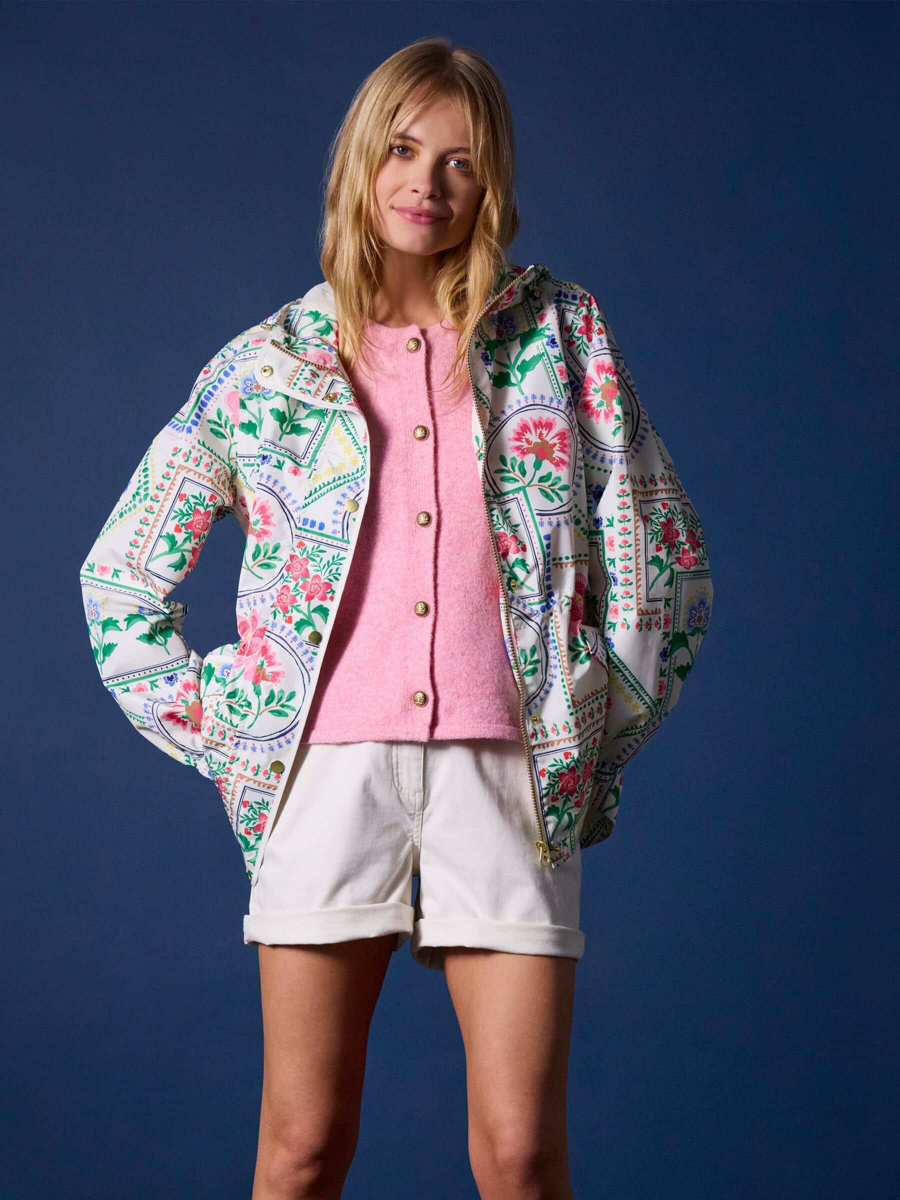 Holt Cream Tile Print Waterproof Packable Raincoat with Hood