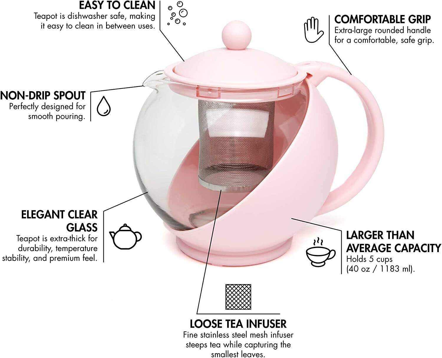 Primula Half Moon Teapot Set with 4 Tea Cups, Removable Stainless Steel Filter and Infuser, Glass Tea Maker, Filter, Dishwasher Safe, 40-Ounce, Tea Gift Set, Tea Set for Service of 4 Adults