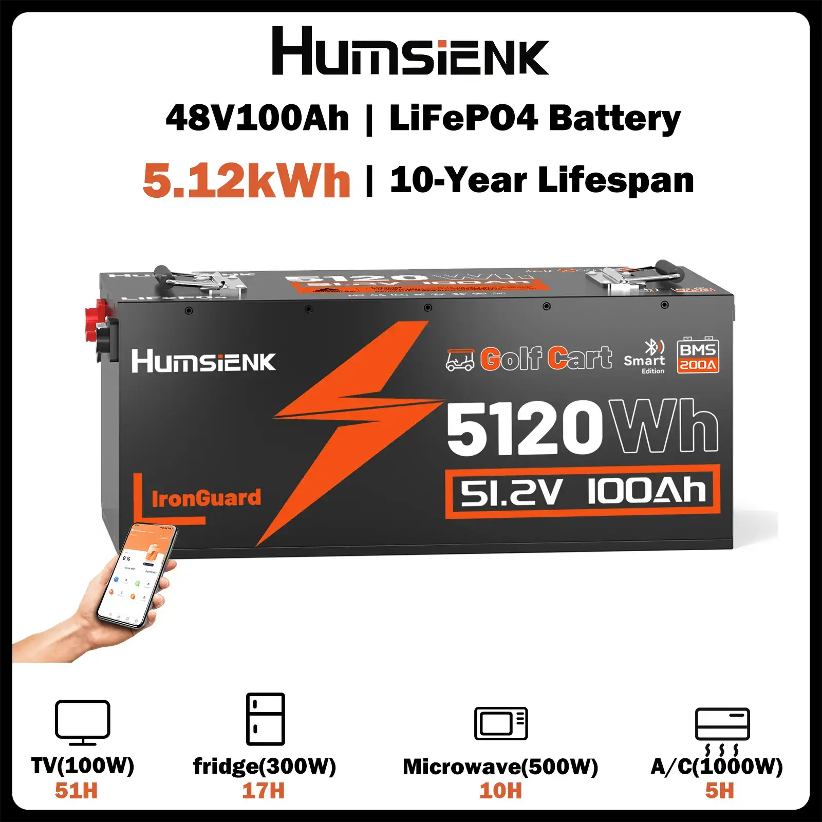 48V 100Ah LiFePO4 Bluetooth Battery for Golf Cart, Metal case defends, Built-in 200A BMS, 50+ Mile Range for RV, Solar Marine, Off-grid Digital Power Display