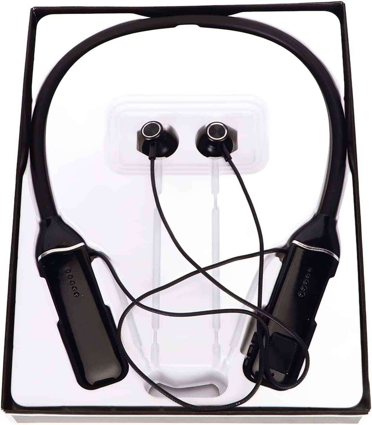 Bluetooth Neckband Headphone, Neckband Earphones Wireless, LED Power Display Memory Card Playback Magnetic Earbuds Headset with RGB Backlight (Black)