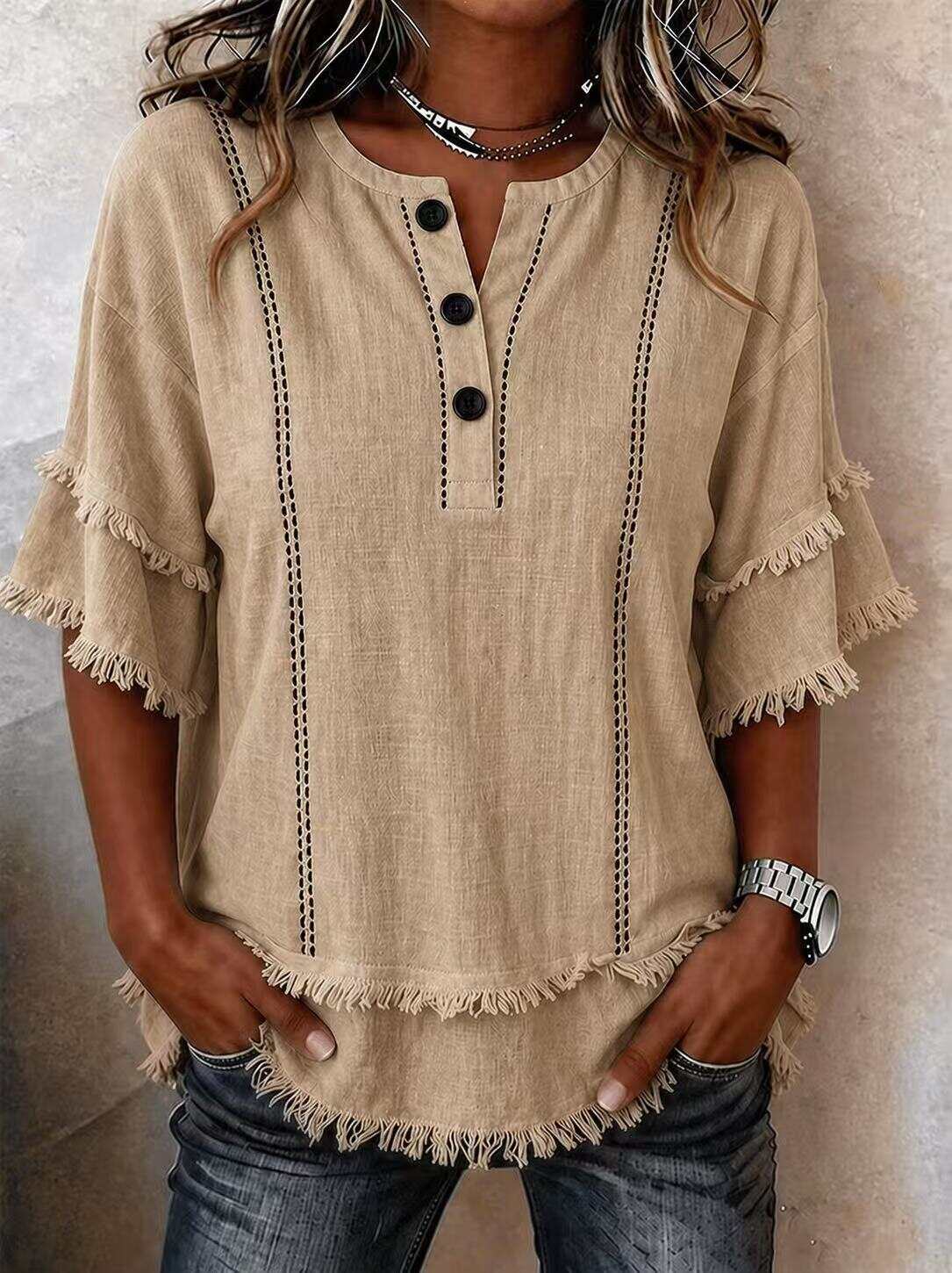 New Printed Button-Front Henley Frayed Lace Trim Top