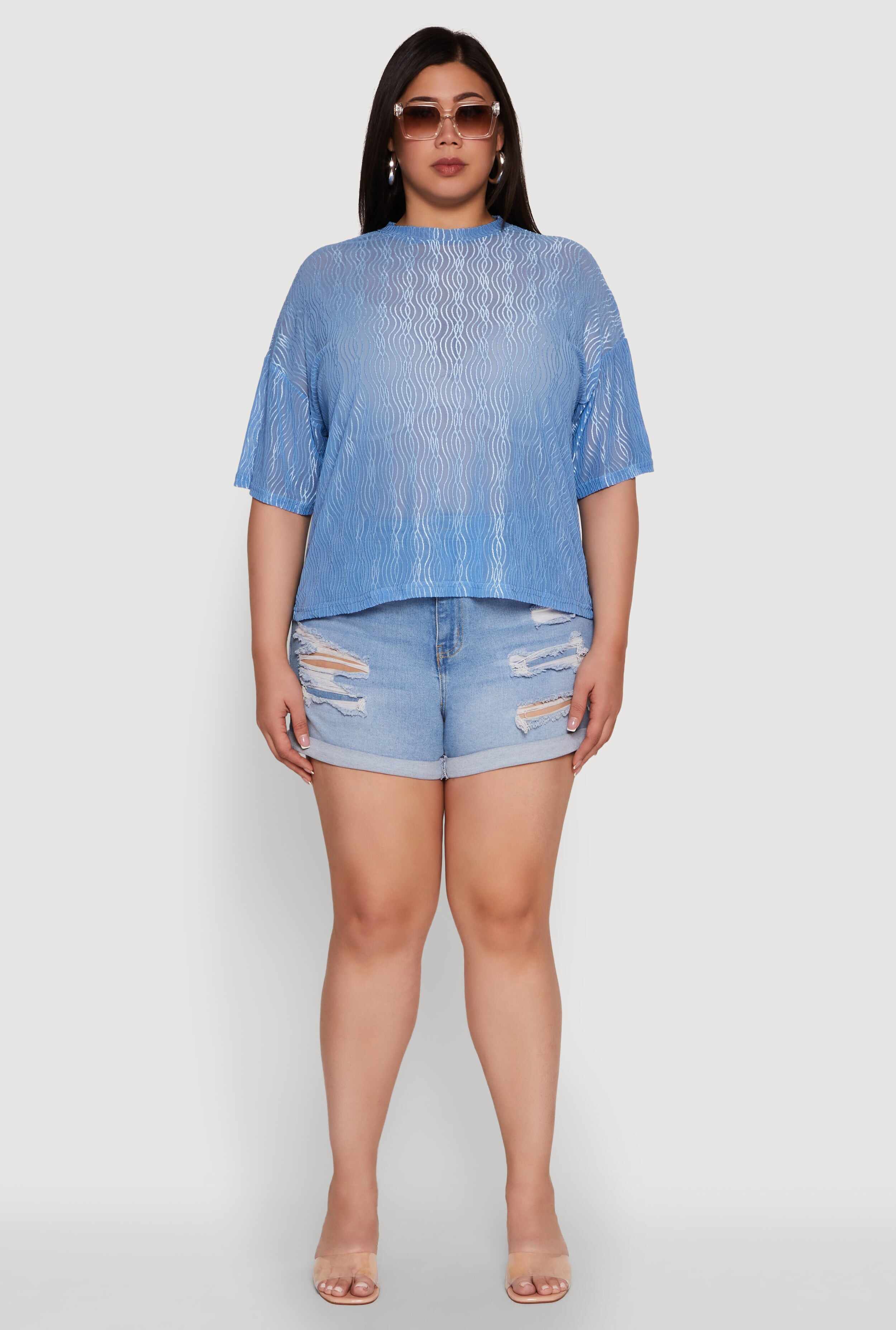 Plus Size Chic Sheer Mesh Blouse with Crew Neck and Short Sleeves