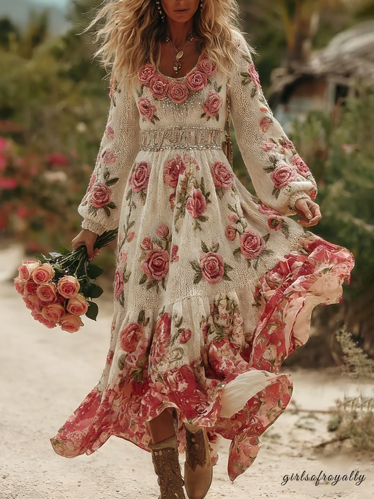 Women's Romantic Rose Embroidery Art Comfy Knitted Maxi Dress