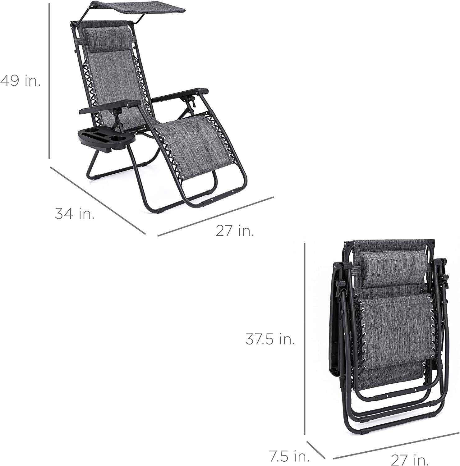 Folding Zero Gravity Recliner Patio Lounge Chair w/Adjustable Canopy Shade, Headrest, Side Accessory Tray, Textilene Mesh - Beige