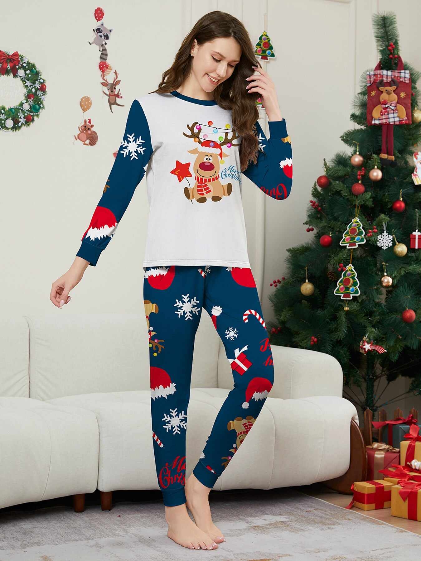 Christmas Fawn Printed Family Matching Christmas Pajamas Sets
