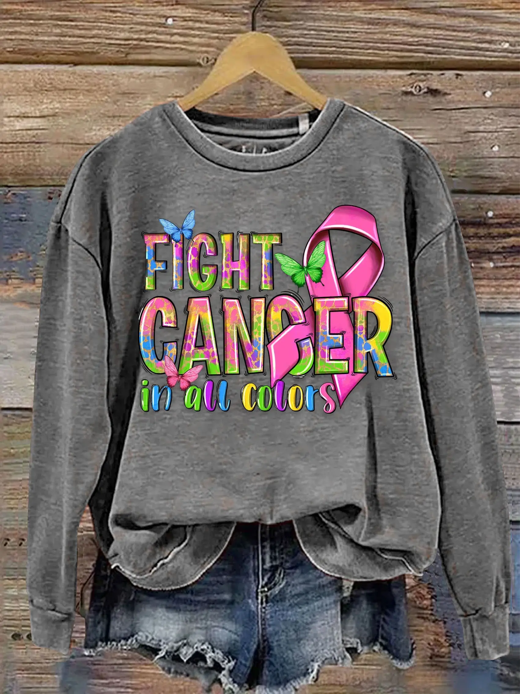 Fight Cancer In All Colors Cancer Awareness Print Casual  Sweatshirt