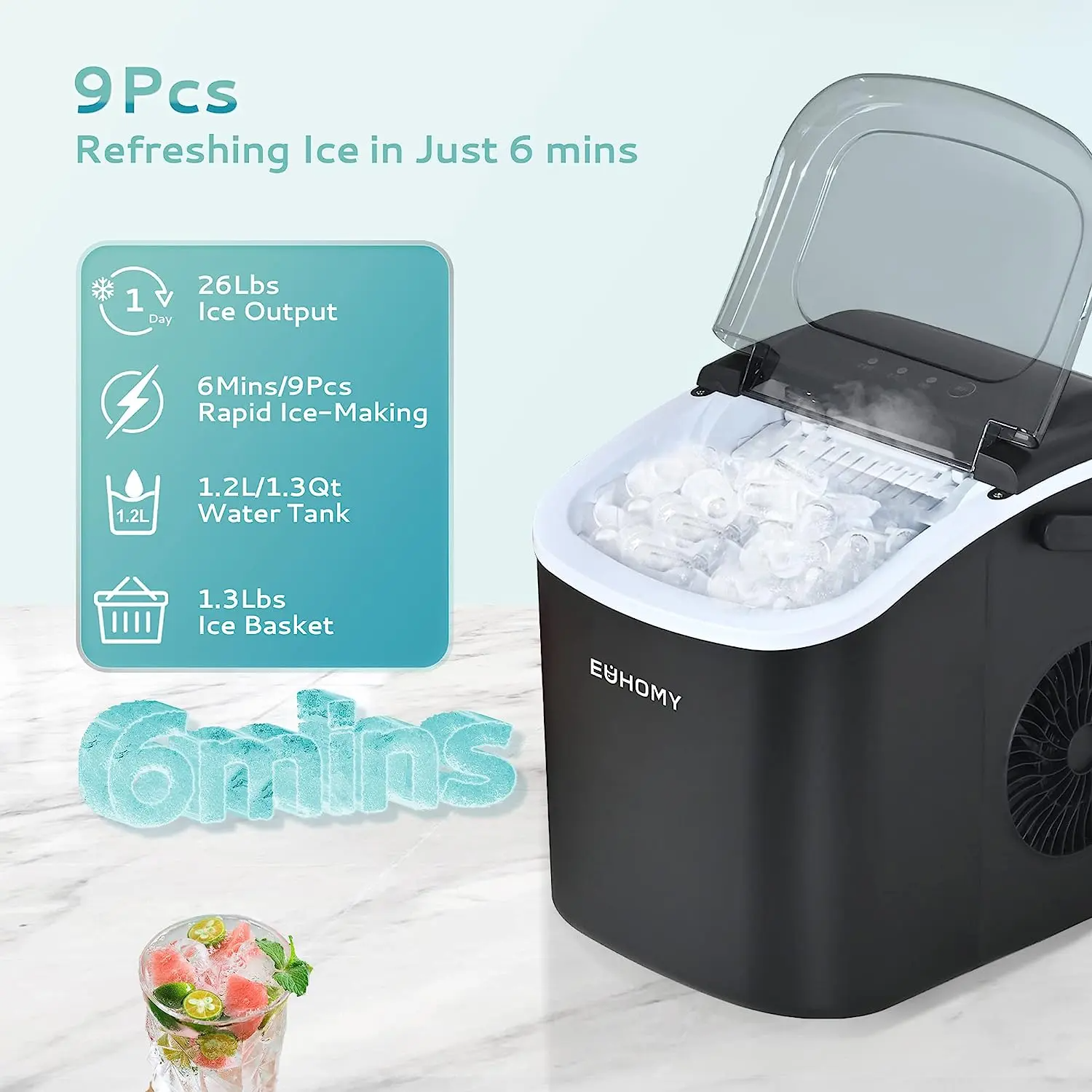 Ice Maker Countertop with Handle, 26lbs in 24Hrs, 9 Ice Cubes Ready in 6 Mins, Auto-Cleaning Portable Ice Maker with Basket and Scoop, for Home/Kitchen/Camping/RV. (2026 New Silver) Utensils