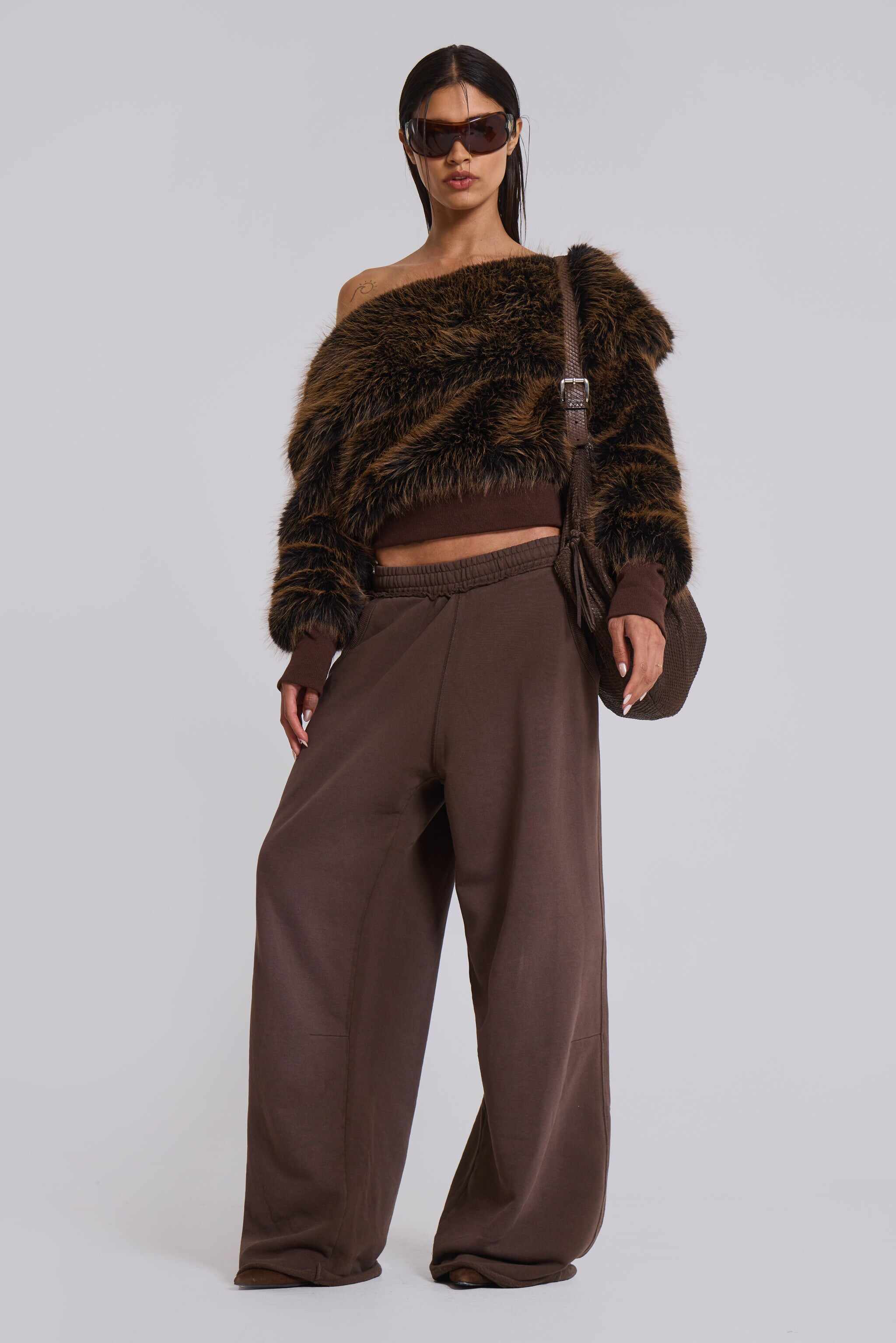 316 Off The Shoulder Fur Jumper in Brown