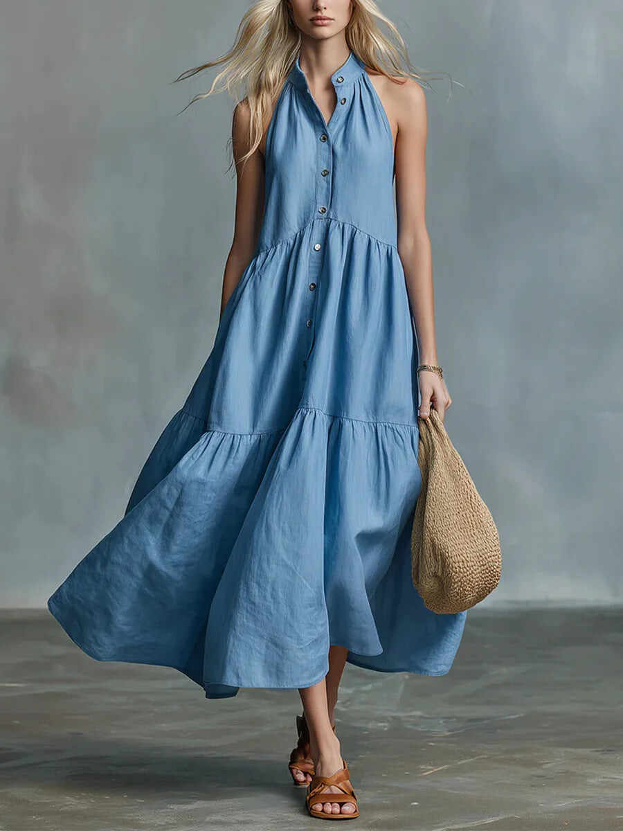 Sleeveless Casual Loose Linen Button Vest Dress