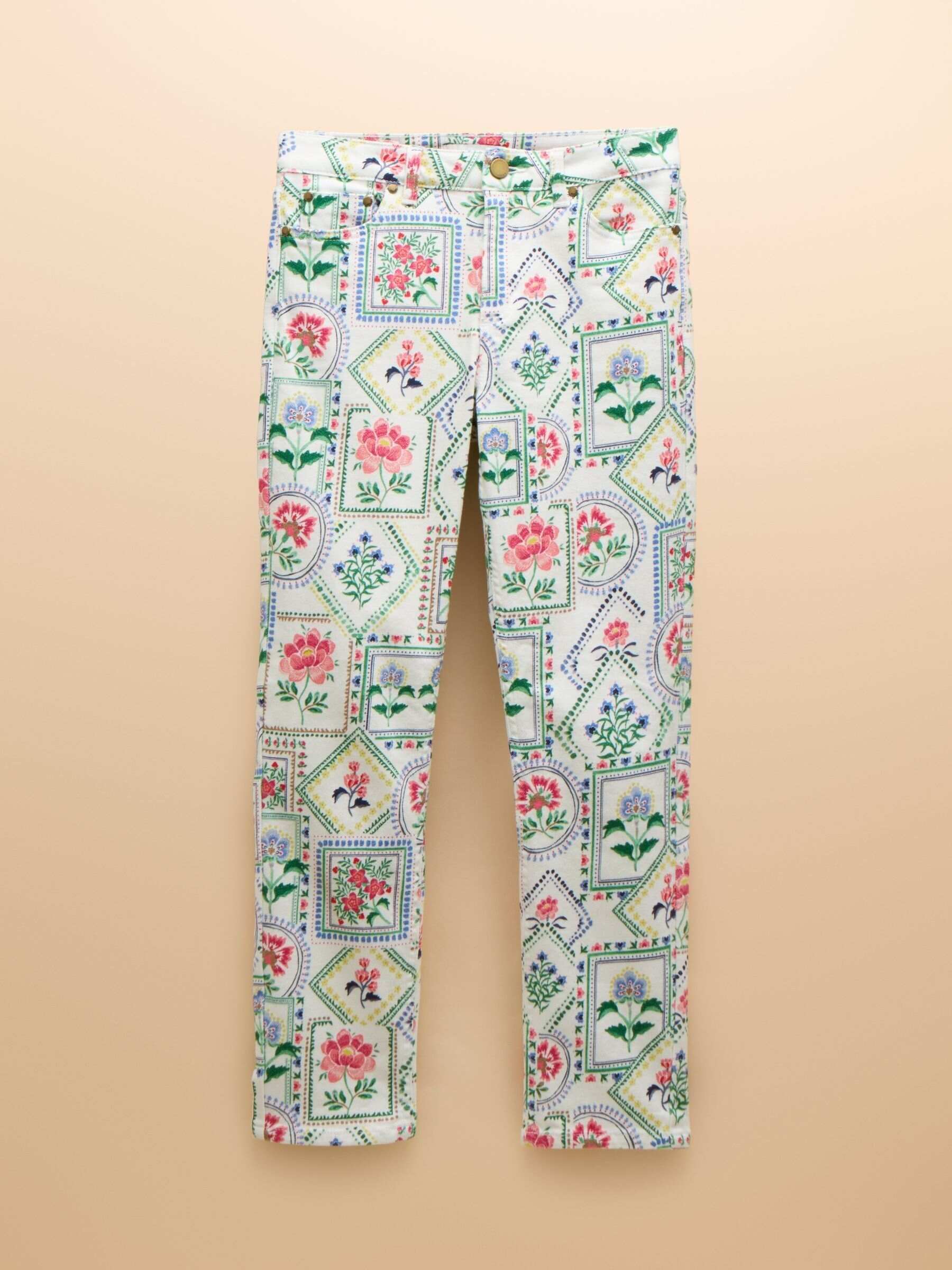 Cream Tile Print Straight Fit Mid Rise Jeans