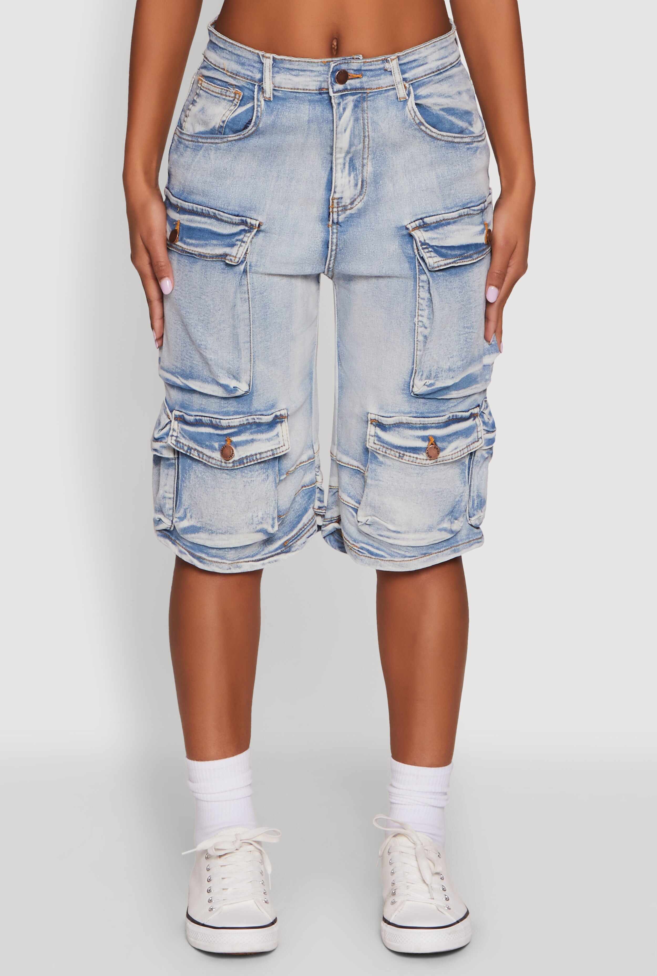 Daisy High Waisted Acid Wash Denim Cargo Shorts