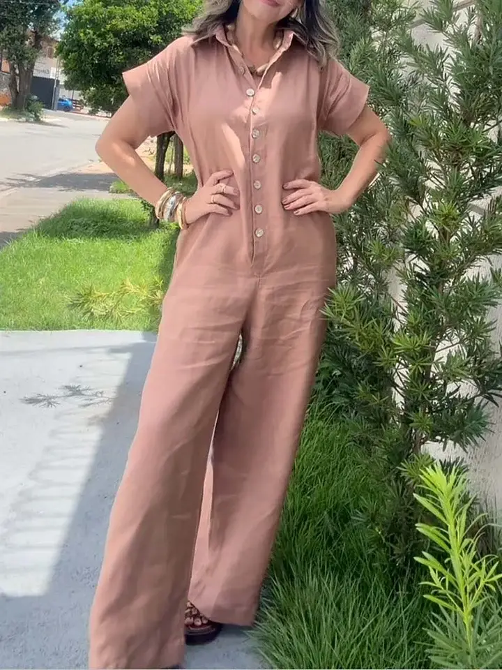 🔥Summer Arrivals🌟Women's Solid Color Shirt Collar Short-sleeved High-waisted Casual Loose Cotton And Linen Wide-leg Jumpsuit