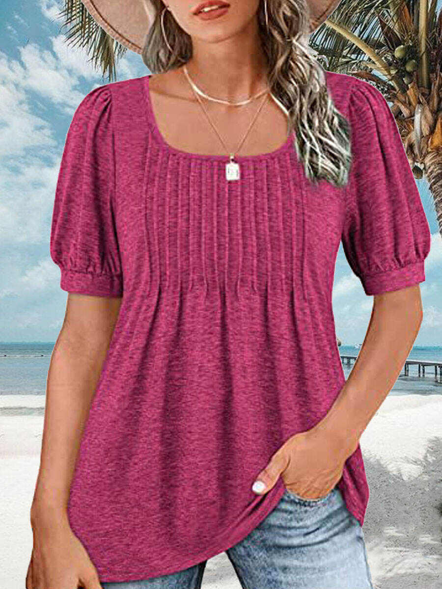 Square Neck Casual Loose Solid Color Short Sleeve T-Shirt