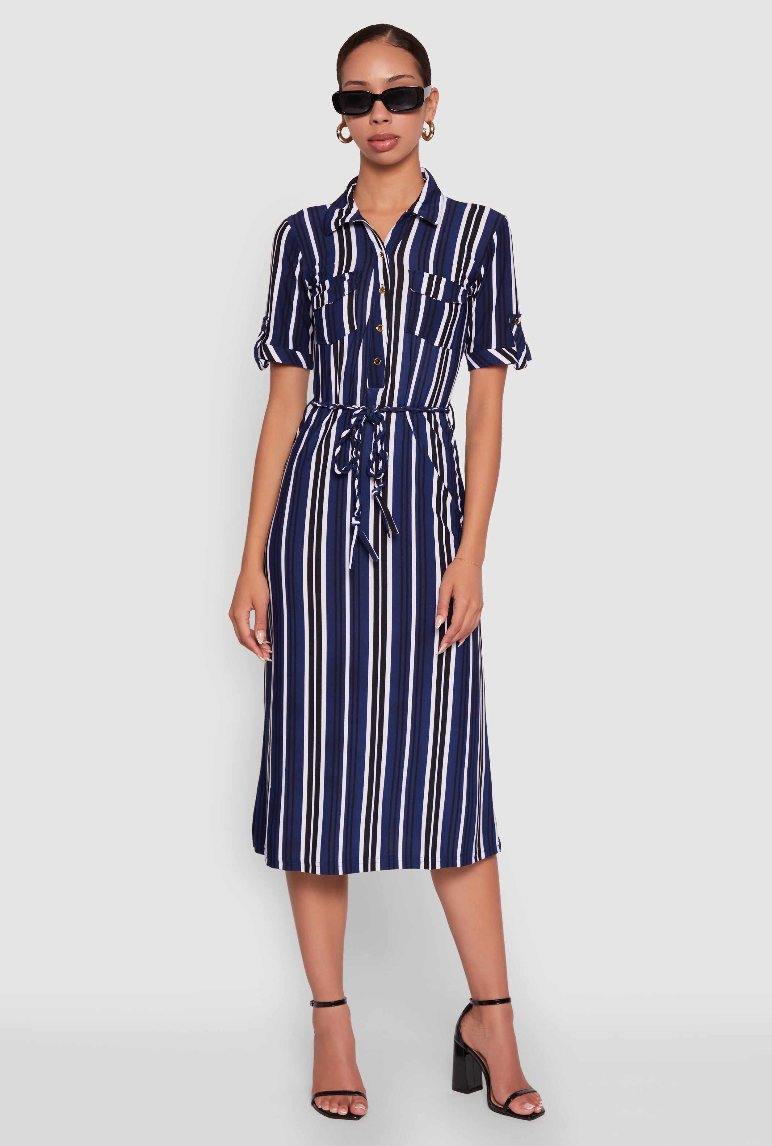 Trendy Half Button Tie Waist Striped Midi Shirt Dress