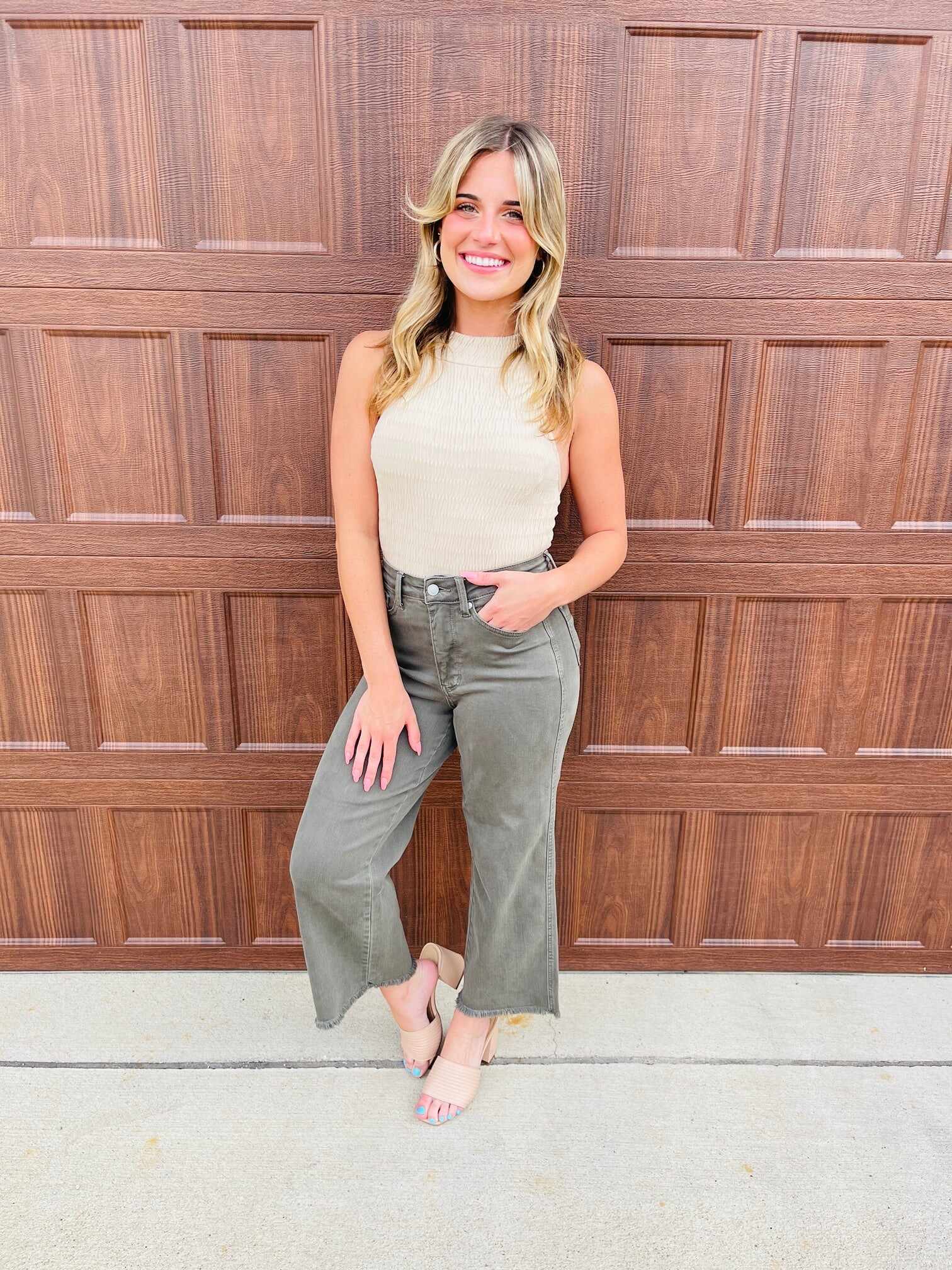 REG/CURVY Olive You Tummy Control Garment Dyed Wide Leg Cropped Jeans