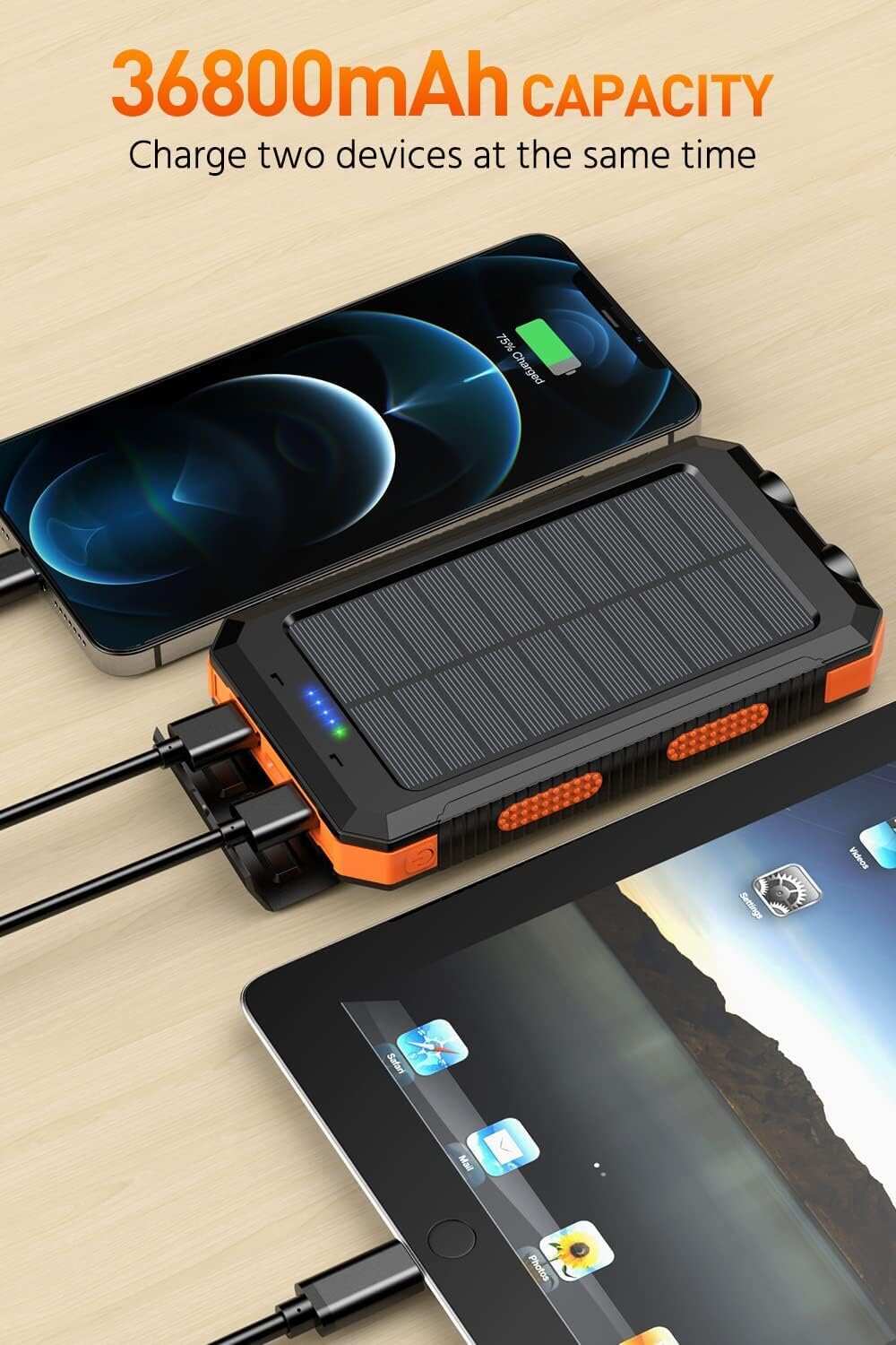 Power-Bank-Portable-Charger-Solar - 36800mAh Waterproof Portable External Backup Battery Charger Built-in Dual QC 3.0 5V3.1A Fast USB and Flashlight for All Phone and Electronic Devices (Deep Orange)