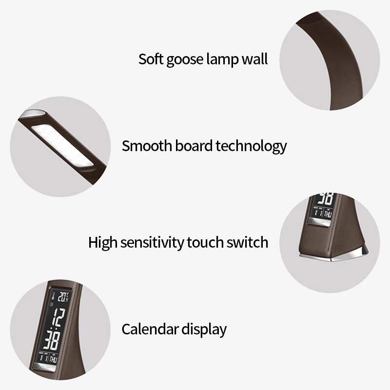 LED Desk Lamp With Calendar Temperature Alarm Clock 3 Modes Lighting Eye-Protected Reading Light Table Lamp For Student Office USB Charging LED Lamp