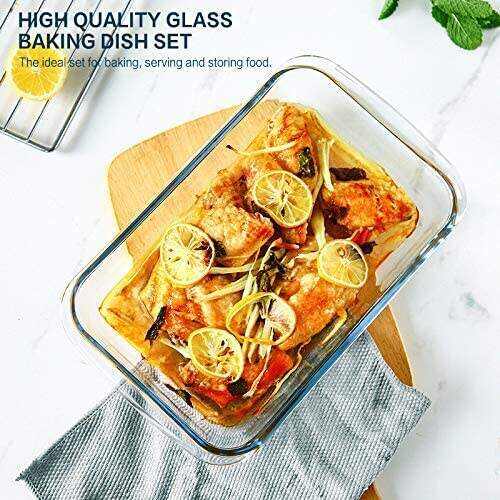8-Piece Deep Glass Baking Dish Set with Plastic lids,Rectangular Glass Bakeware Set with BPA Free Lids, Baking Pans for Lasagna, Leftovers, Cooking, Kitchen, Freezer-to-Oven and Dishwasher, Gray