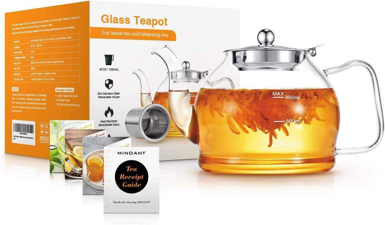 MINO ANT Tea Set ̈C 1200ml Glass Teapot with Removable Stainless Steel Infuser, and 4 Glass Teacups, Stovetop Safe Tea Kettle Gift Set, Blooming and Loose Leaf Tea Maker Set