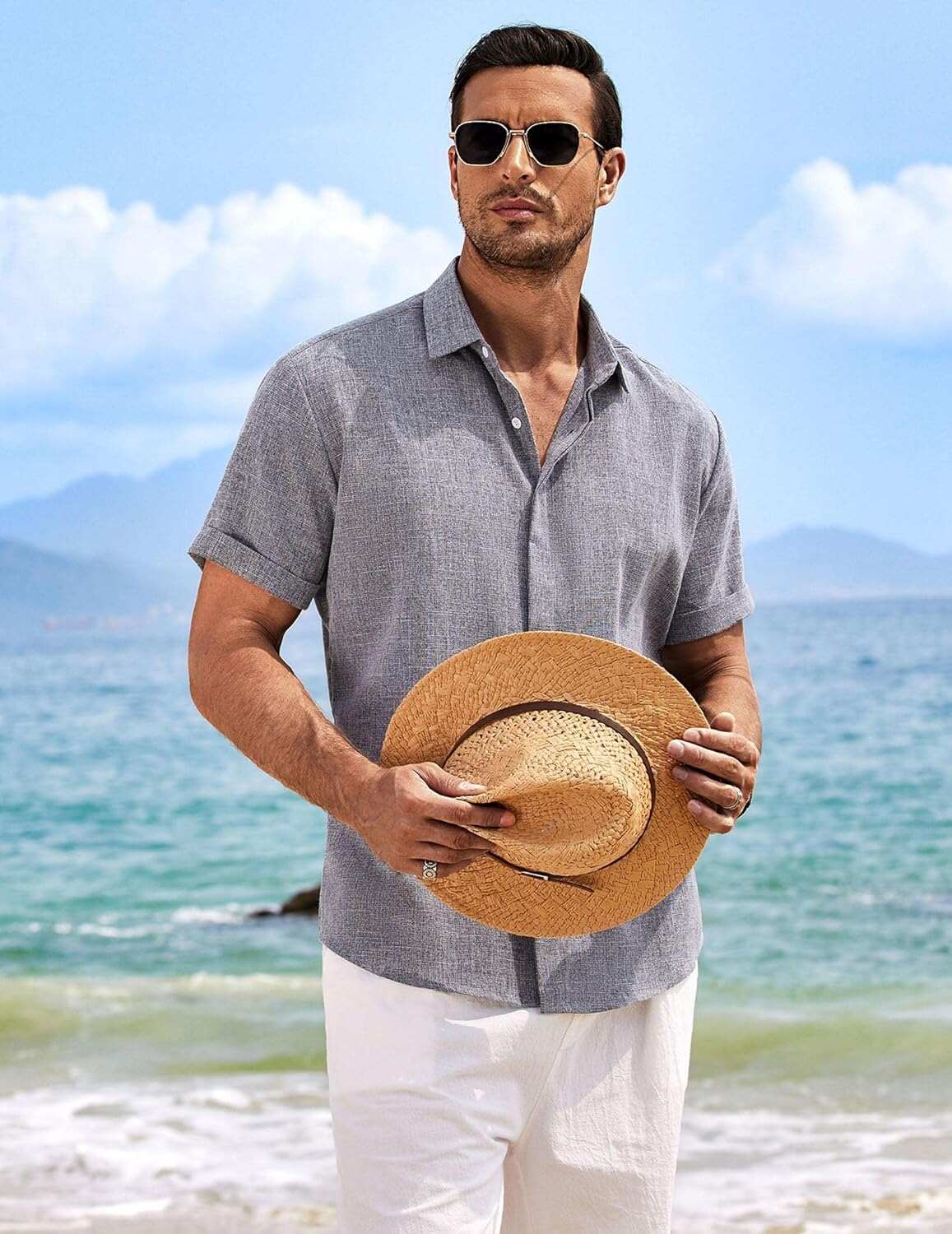 Men's Linen Shirts Short Sleeve Casual Shirts Button Down Shirt for Men Beach Summer Wedding Shirt