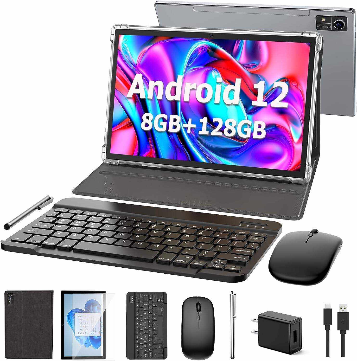 Android Tablet 10 inch, Android 12 Tablet, 8GB RAM 128GB ROM,1TB Expand, 5G WiFi, 4G/LTE, Bluetooth, 8000mAh Battery, Google Certified, 2 in 1 Tablet with Keyboard, Mouse, Case, Stylus(Silver)