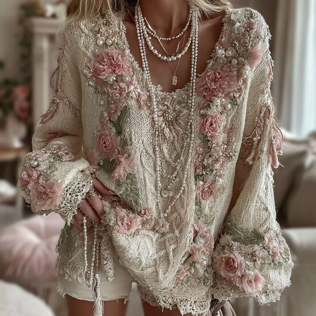 Women's Pink Rose Knitted Warm Long Sleeve V-neck Sweater