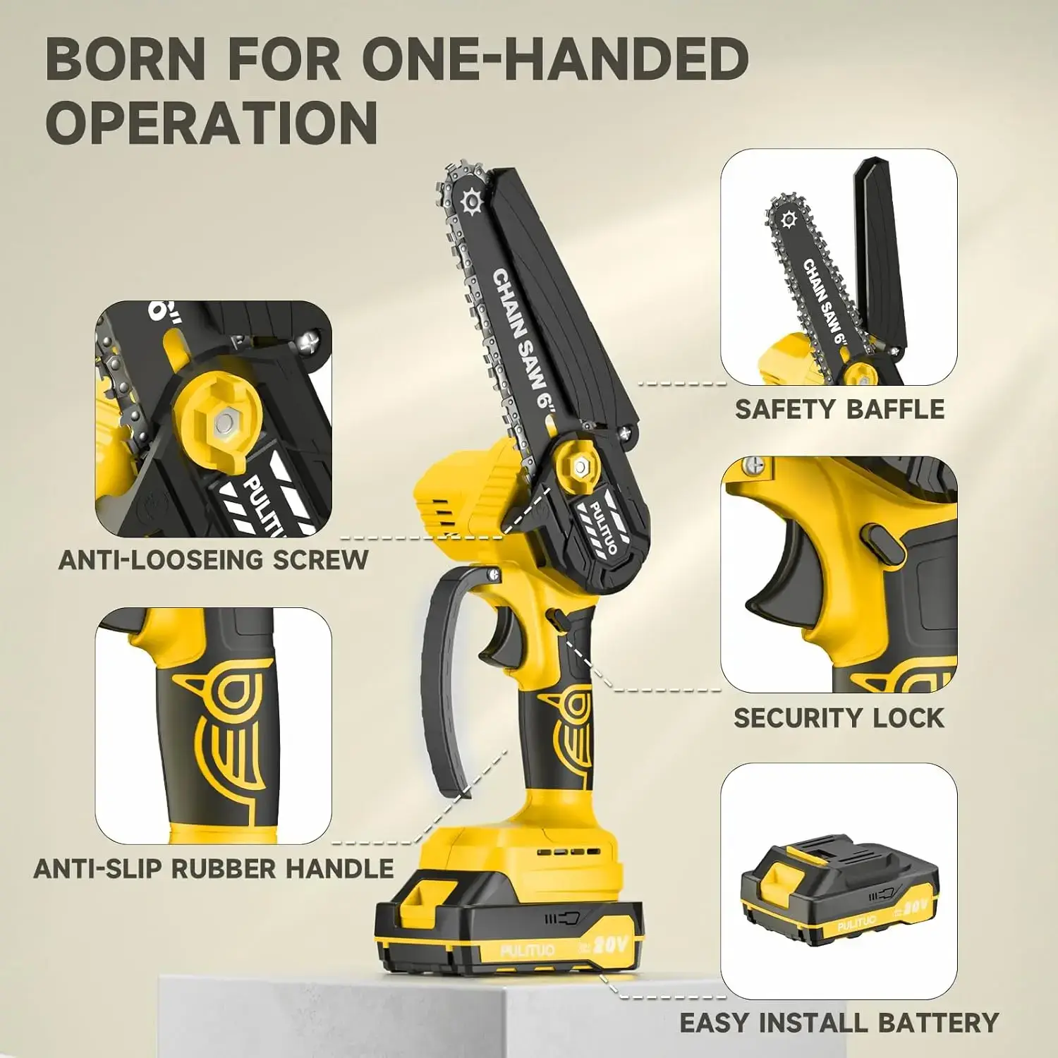 Mini Chainsaw Cordless 6 Inch Battery Powered 880W Motor 4020 RPM for Wood Cutting Tree Trimming Yard Work Garden Tools Gift for Men Dad Husband