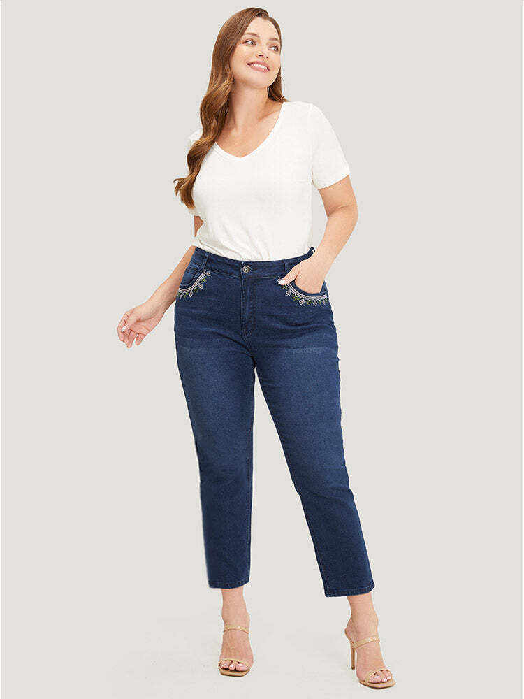 Straight Very Stretchy High Rise Dark Wash Embroidered Trim Jeans