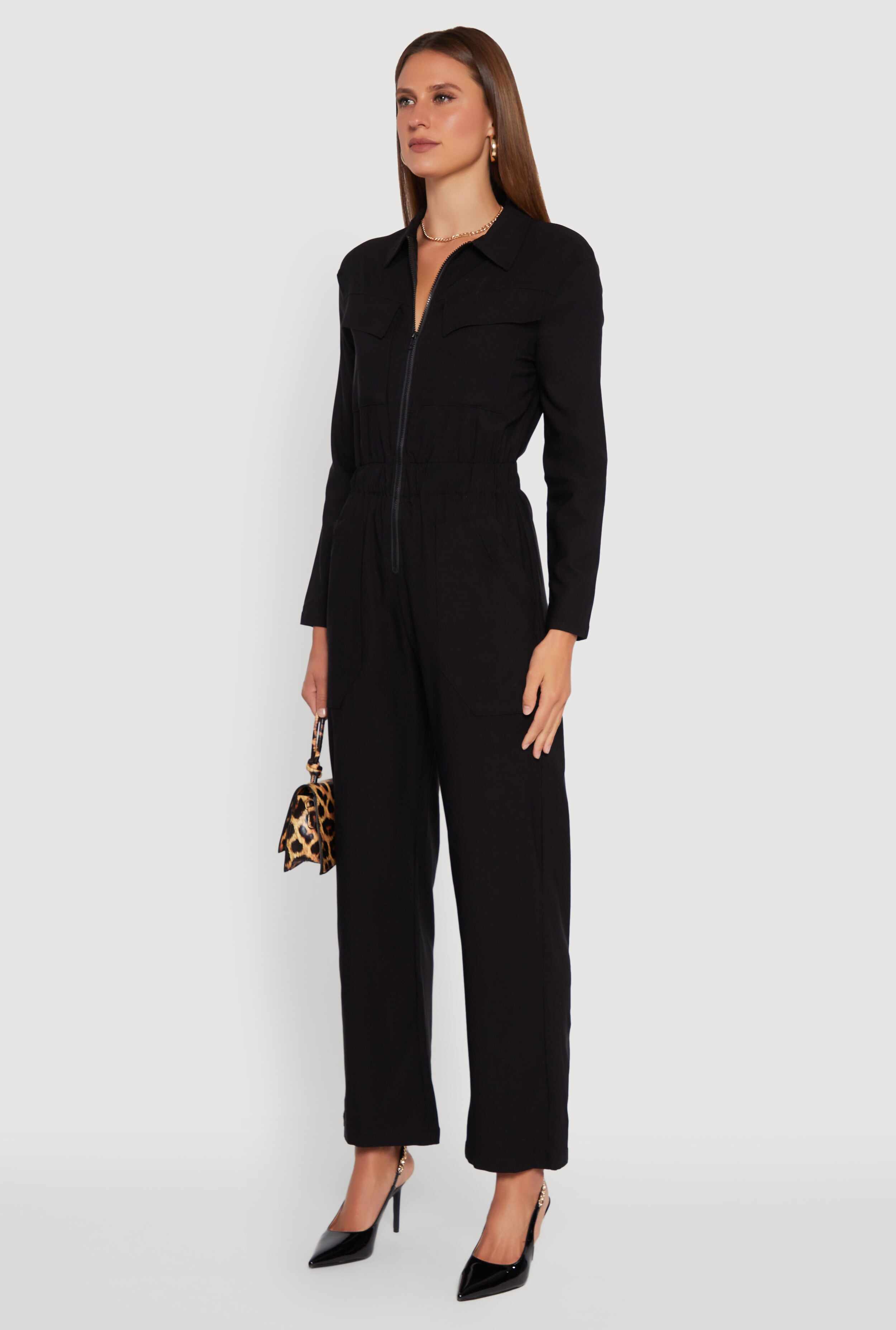 Solid Long Sleeve Collar Jumpsuit with Flap Pockets