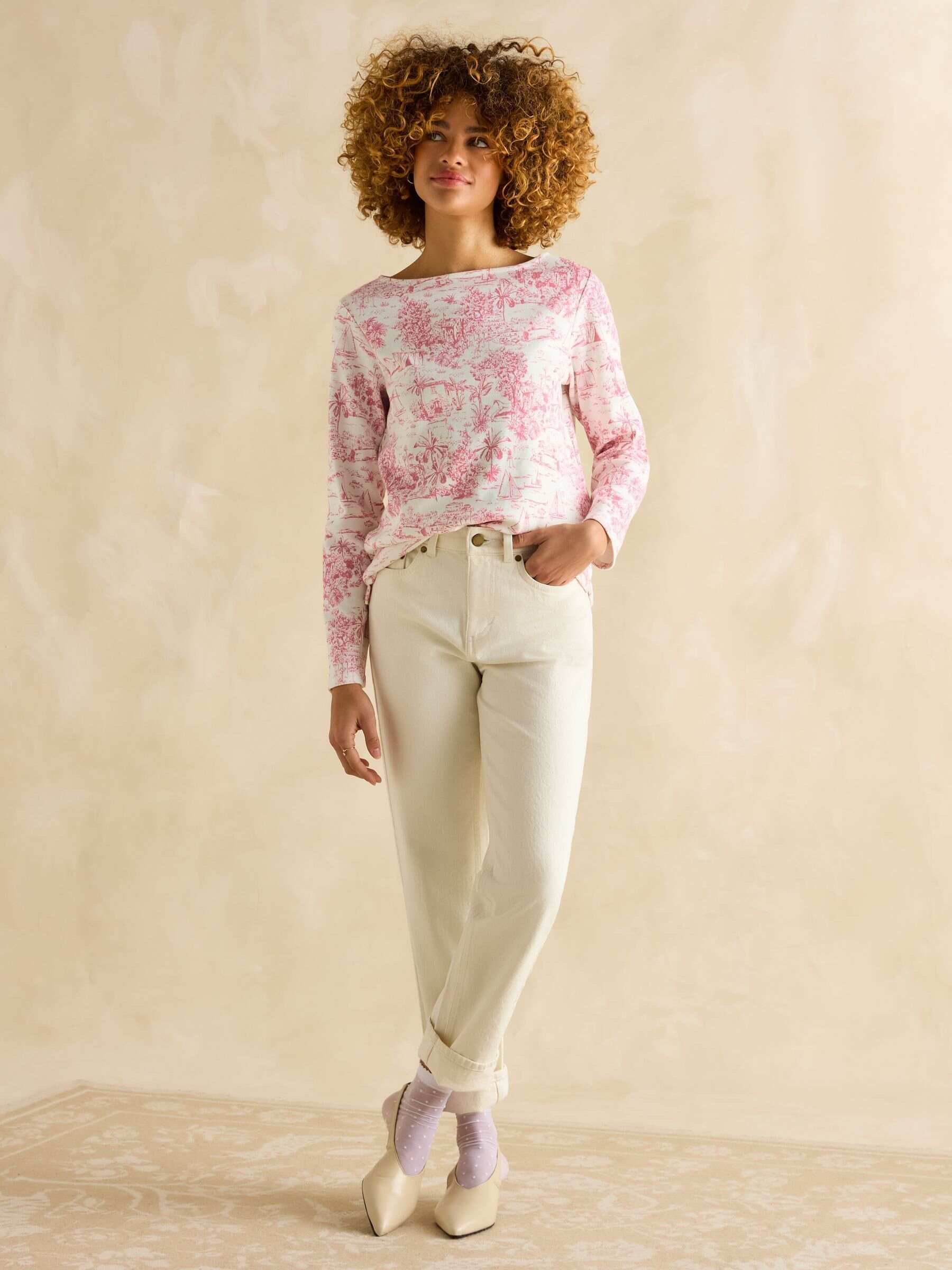 Harbour Pink Toile de Jouy Boat Neck Printed Top