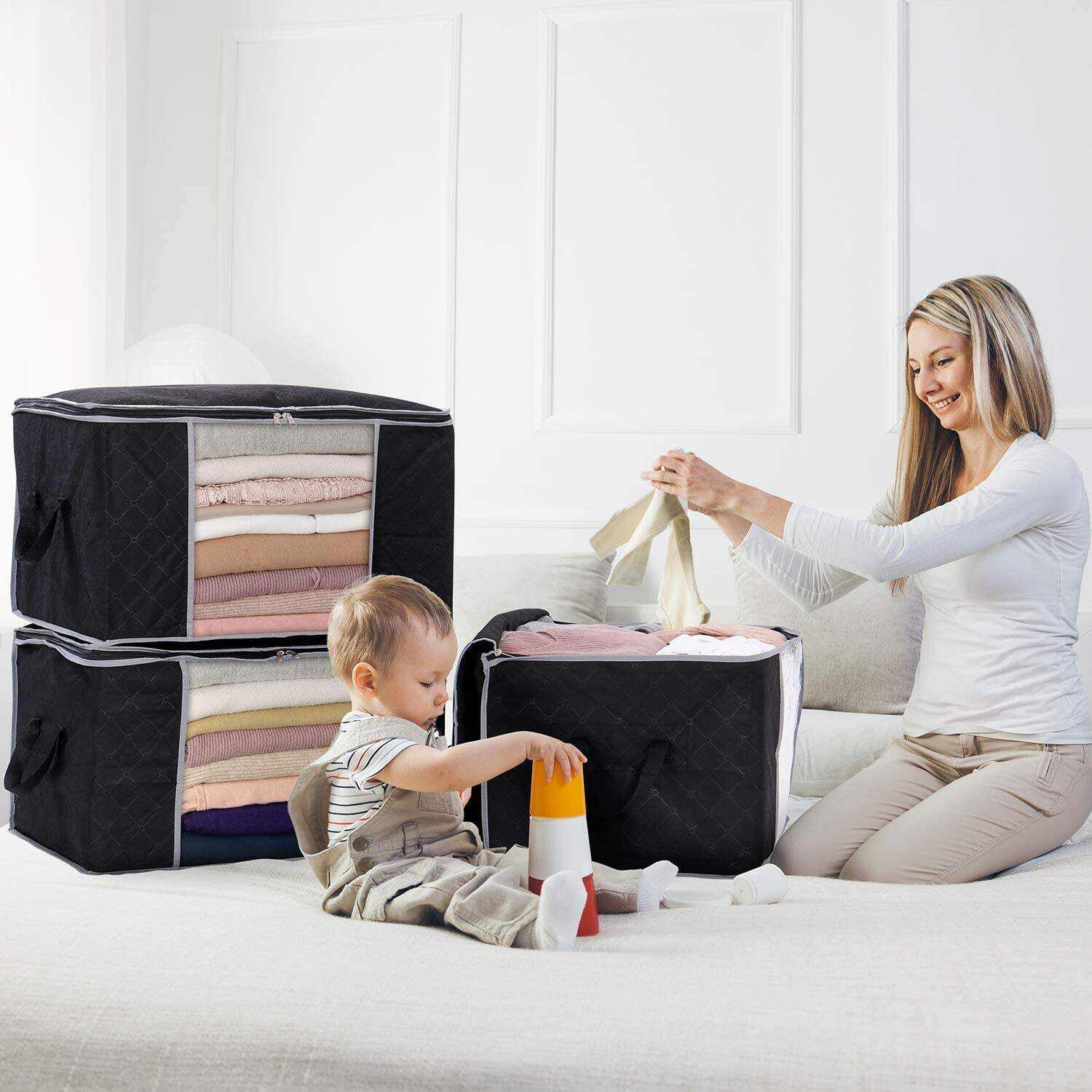 90L Large Storage Bags, 3 Pack Closet Organizers And Storage, Clothes Foldable Storage Bins With Reinforced Handles, Storage Containers For Clothing, Blanket, Comforters, Toys, Bedding, Grey