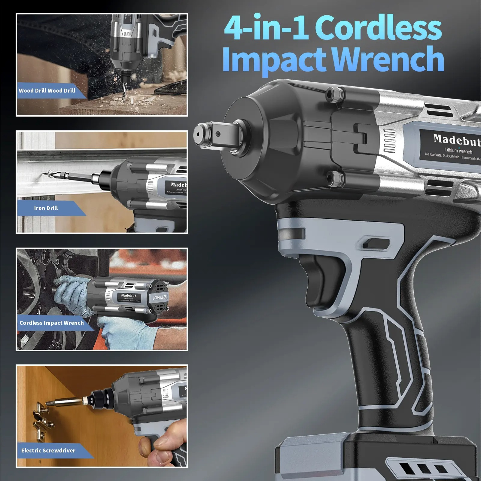 1000N.m Cordless Impact Wrench, All-Metal Cordless Impact Gun with 2 * 4.0Mah, 3-IN-1 Electric Impact Wrench with 5 Sleeves, High Torque 1/2 Impact Wrench