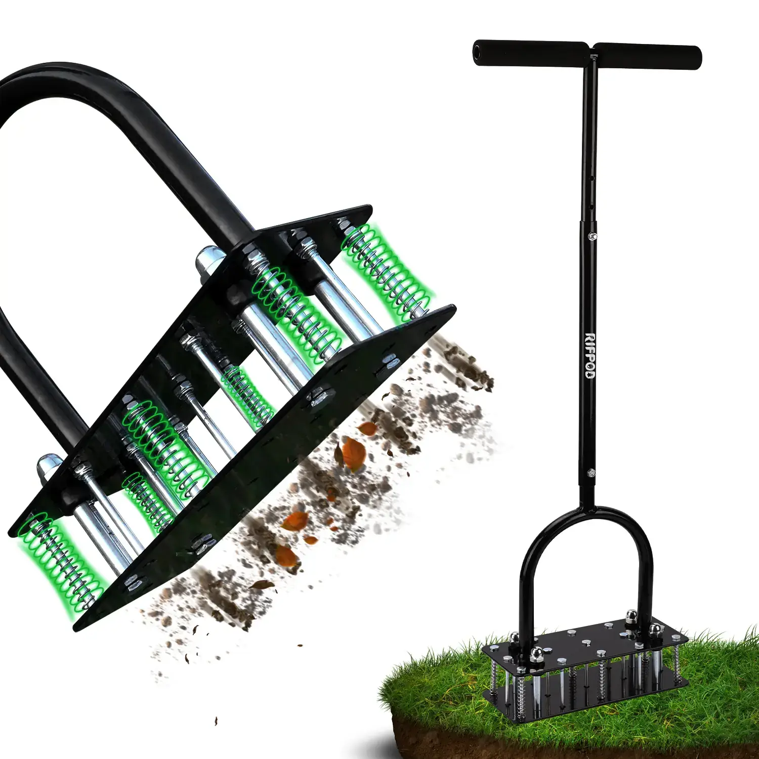 【FathersDayGift】 Lawn Aerator - Aerator Lawn Tool, Automatic Dirt and Leaf Clean Design, Heavy Duty Manual Lawn Aerator Tool with 15 Iron Spikes, Height Adjustable, Yard Grass Aerator for Lawn (Black)