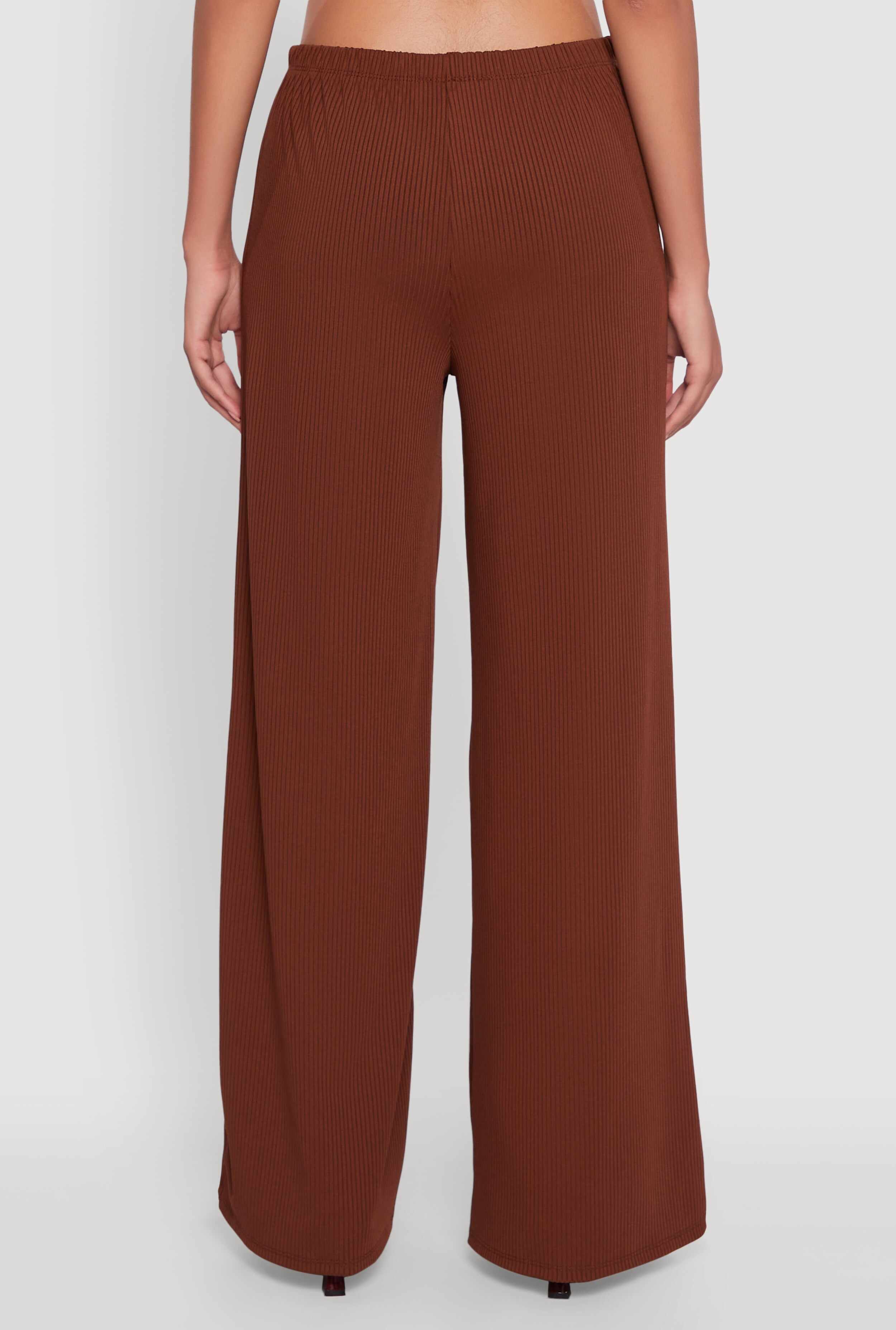 High Waisted Wide Leg Ribbed Knit Casual Pants