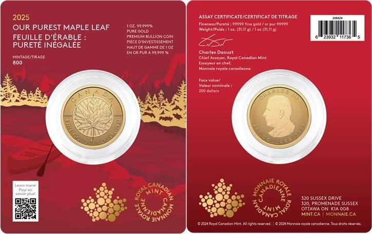 2025 1 Oz Gold Coin $200 Canada—PUREST MAPLE LEAF