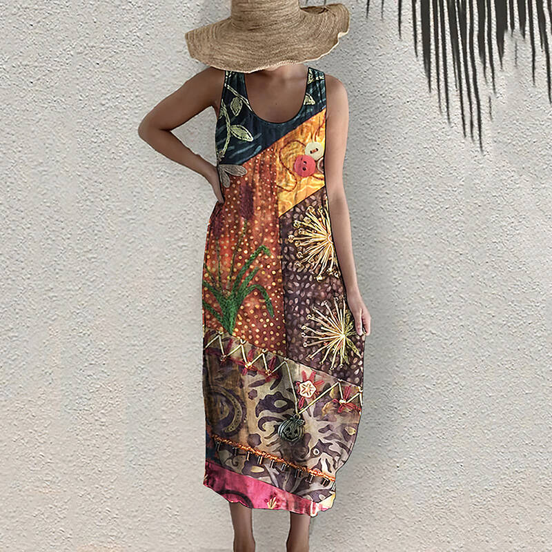 Vintage Bohemian Geometric Art Linen Blend Dress