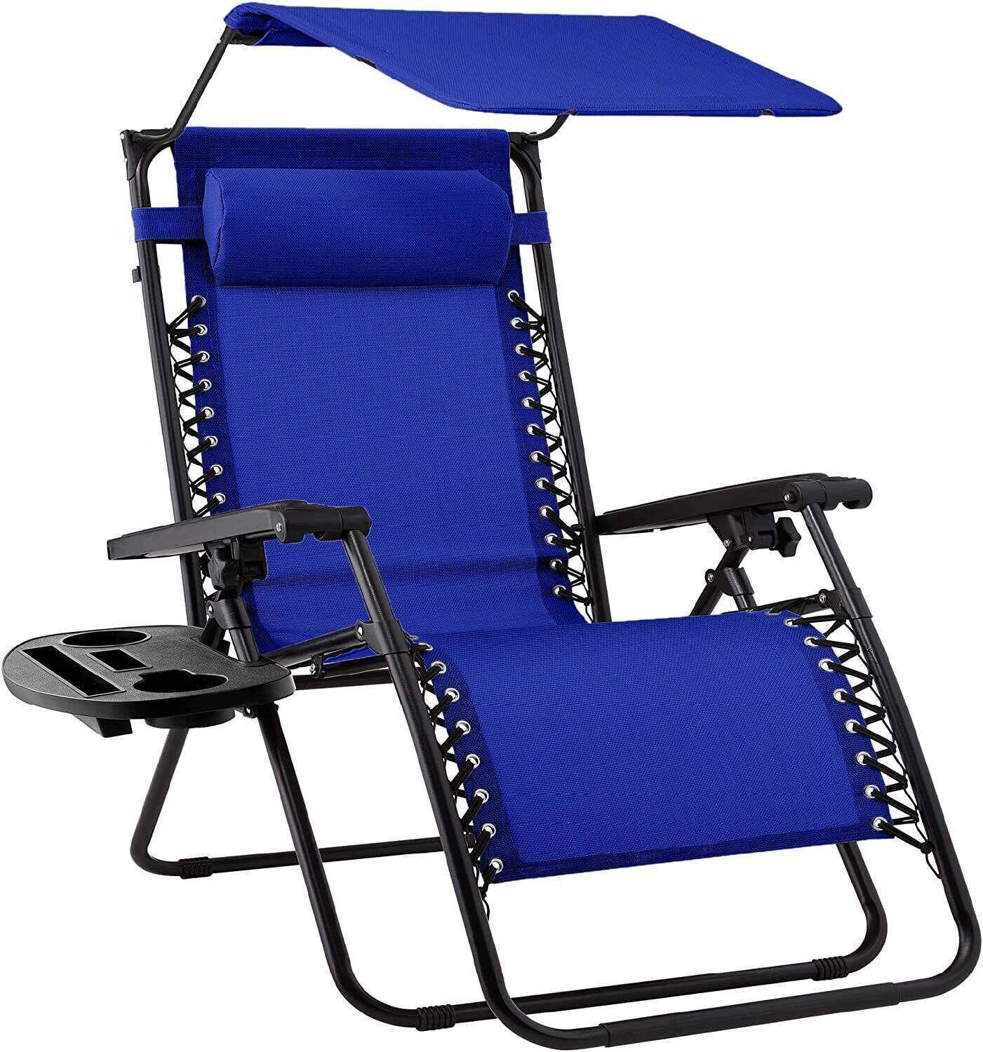 Folding Zero Gravity Recliner Patio Lounge Chair w/Adjustable Canopy Shade, Headrest, Side Accessory Tray, Textilene Mesh - Beige