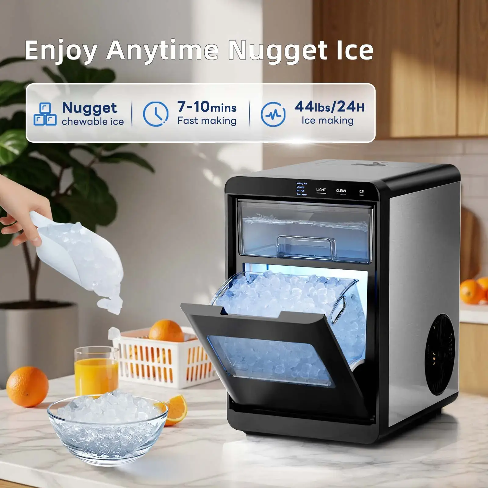 Ice Maker 45Lbs/Day | 10-15Min Fast, Self-Cleaning, 24H Timer, Double Door