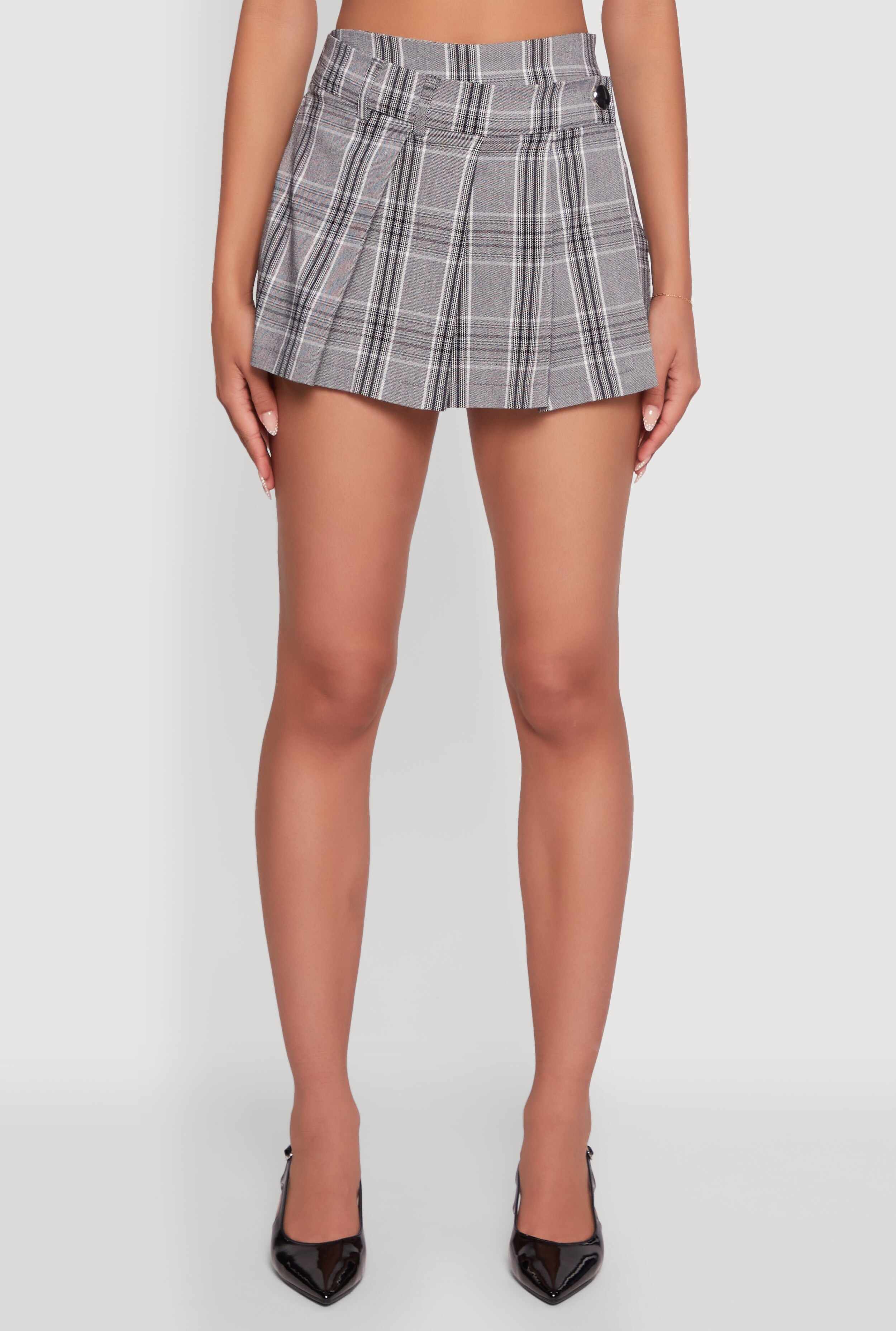 Haute Monde Plaid Pleated Faux Wrap Asymmetrical Skort