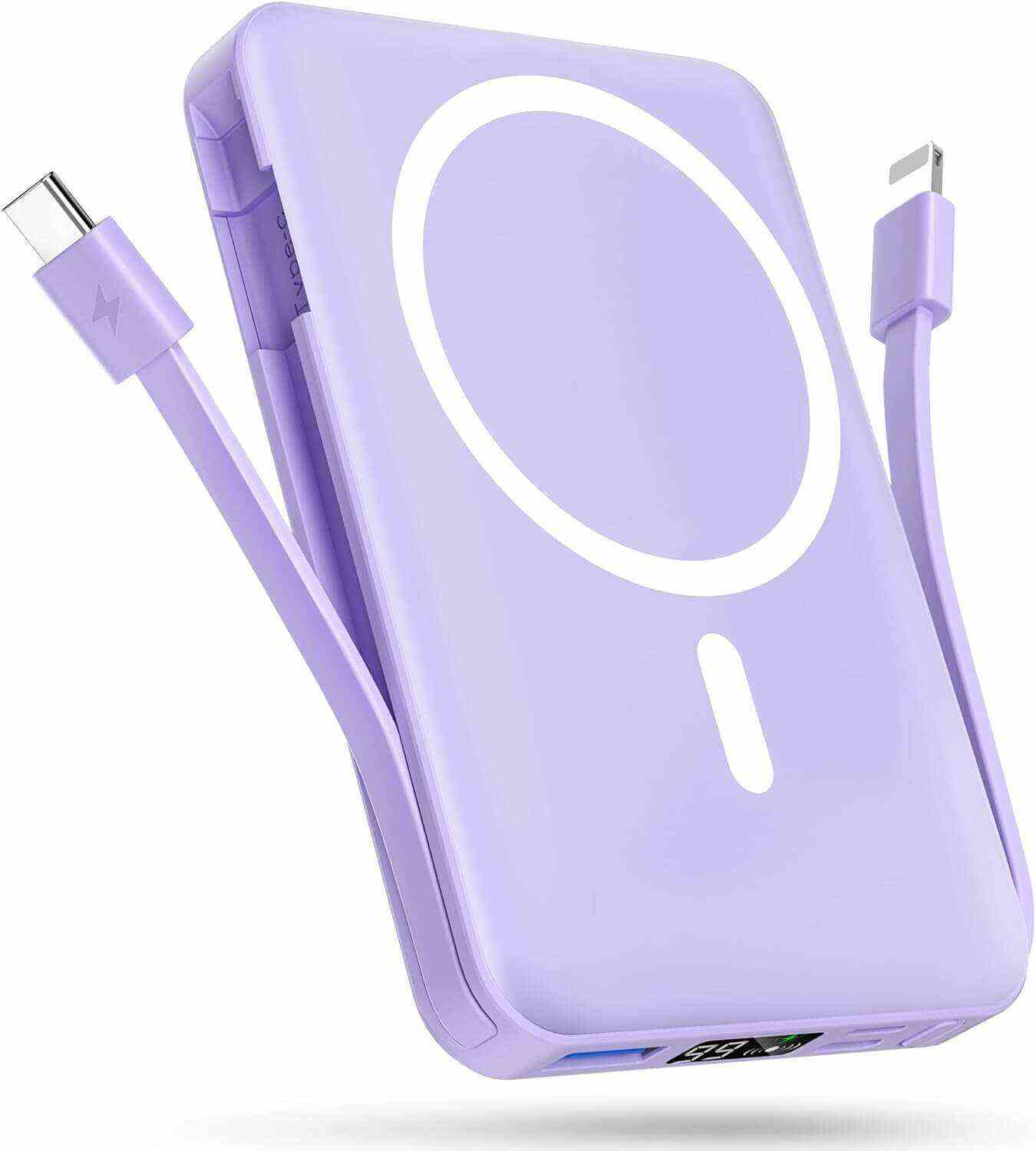 podoru Wireless Portable Charger, 10000mAh Magnetic Power Bank Built-in USB-C Lighting Cables 22.5W PD Fast Charging LED Display Mag-Safe Battery Pack for iPhone 15/14/13/12/Mini/Pro/Pro Max - White