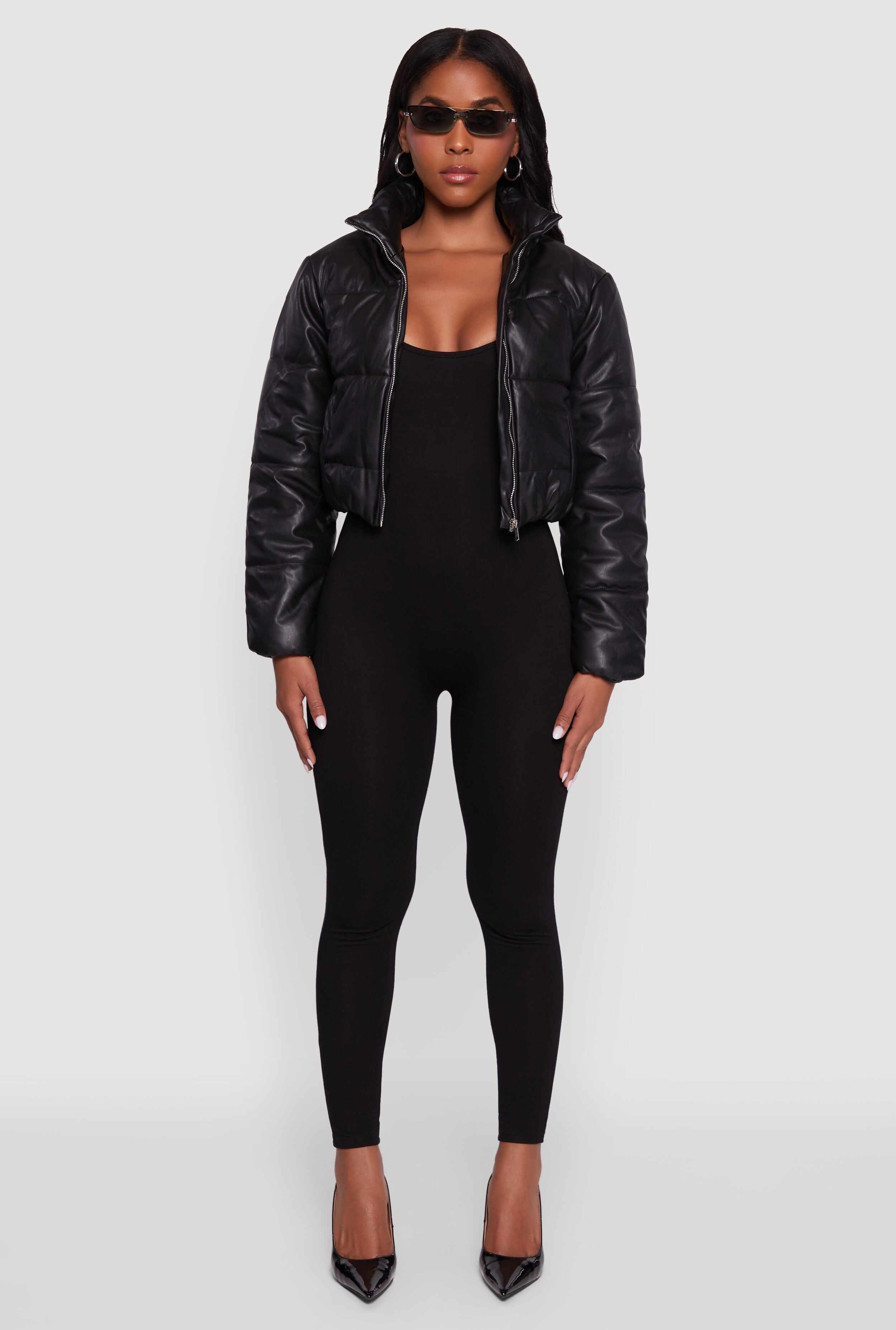 Cropped Faux Leather Puffer Jacket