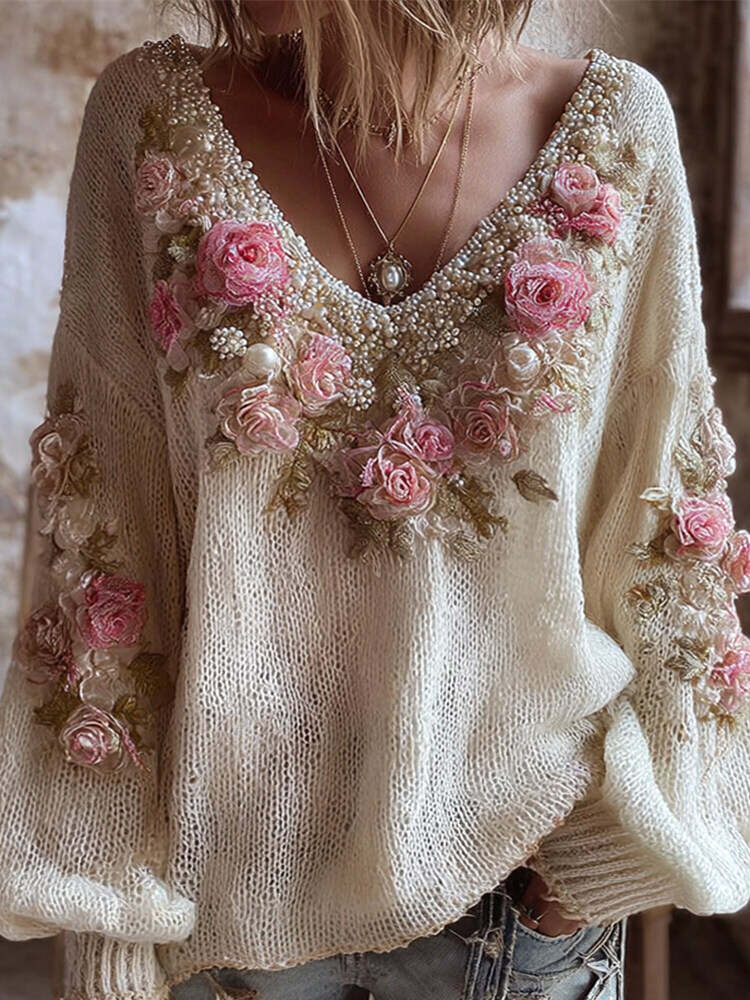 Boho Floral Pearl Embellished Embroidered Vintage Women's V-neck Sweater