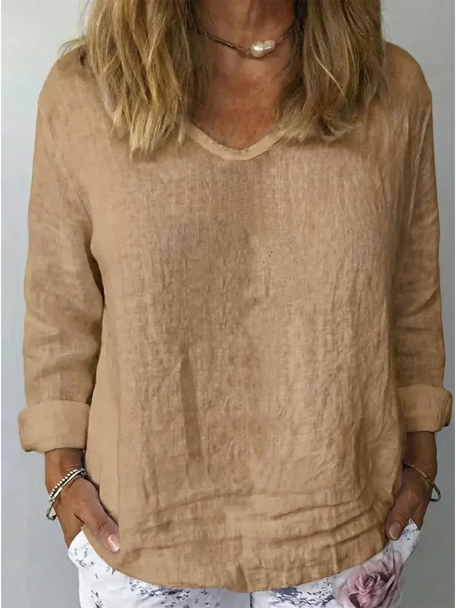 🔥Summer Arrivals🌟Women's V-neck Long-sleeved Cotton And Linen Top