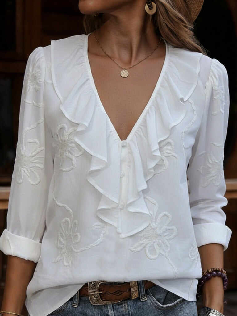 🔥Summer Arrivals🌟Vintage ruffled V-neck shirt with embroidered flowers