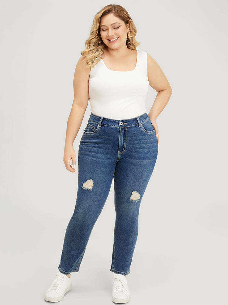 Straight Leg Very Stretchy High Rise Medium Wash Jeans
