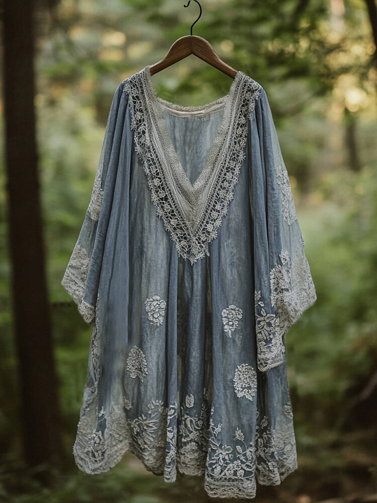 Vintage Floral Embroidered Pattern Linen Maxi Dress